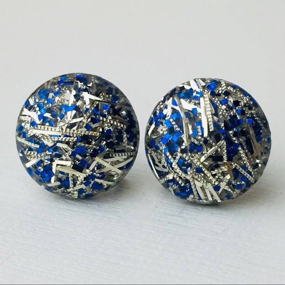 Vintage Confetti Lucite Blue & Silver Earrings - Picture 1 of 7